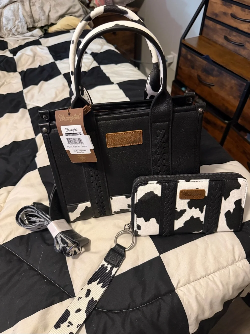 Wrangler Black and White Cowprint Tote with Matching Wallet